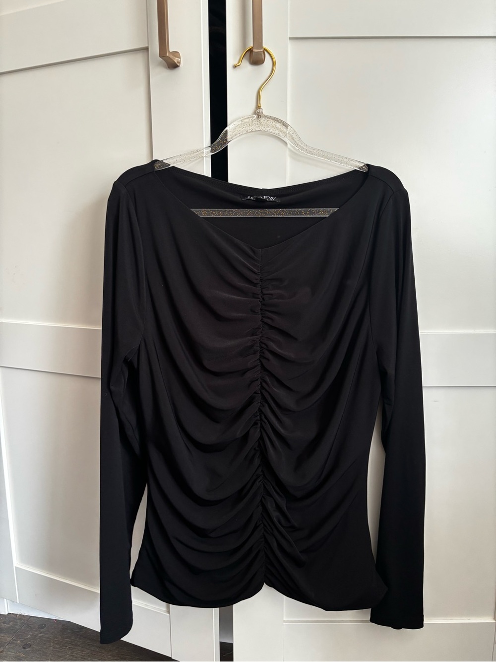 J.Crew Black Ruched Long-Sleeve Top Size Large Luxe Minimalist Chic Going Out